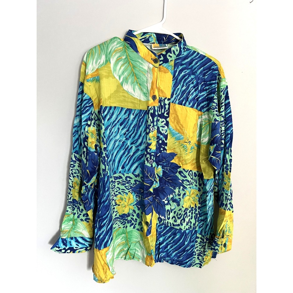 Vintage Sea Suns Shirt Womens XL Tropical Floral Leopard Print‎ USA 90s Tropical